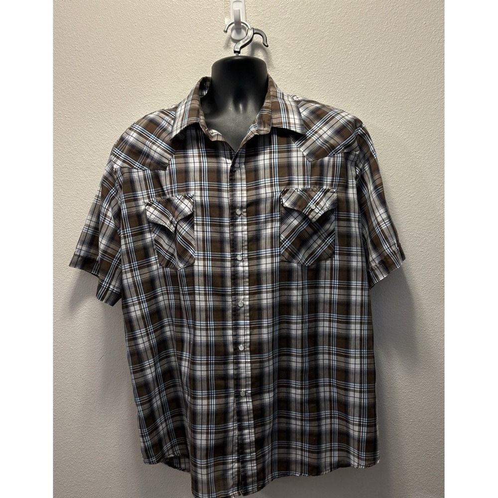Plains Mens Western Wear Shirt XL Pearl‎ Snap Buttons Plaid Brown